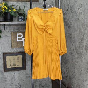 NEW Kellwood Womens Tie Front Ruched Pleated Dress Gold Yellow See Measurements